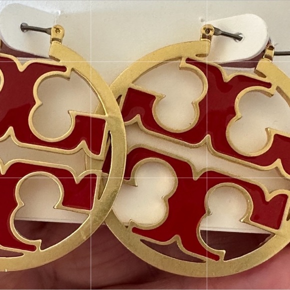 Tory Burch Red Enamel and Gold Miller Logo Earrings - Picture 5 of 6